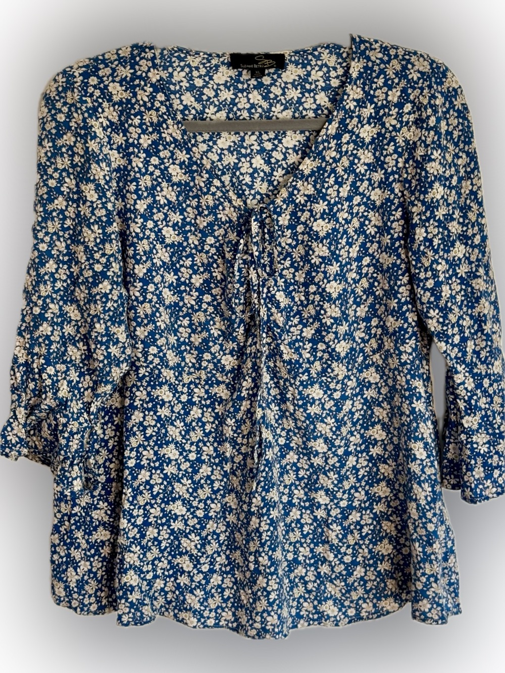 Suzanne Betro Floral Tunic Top XL Blue Cottagecore Boho Flowy